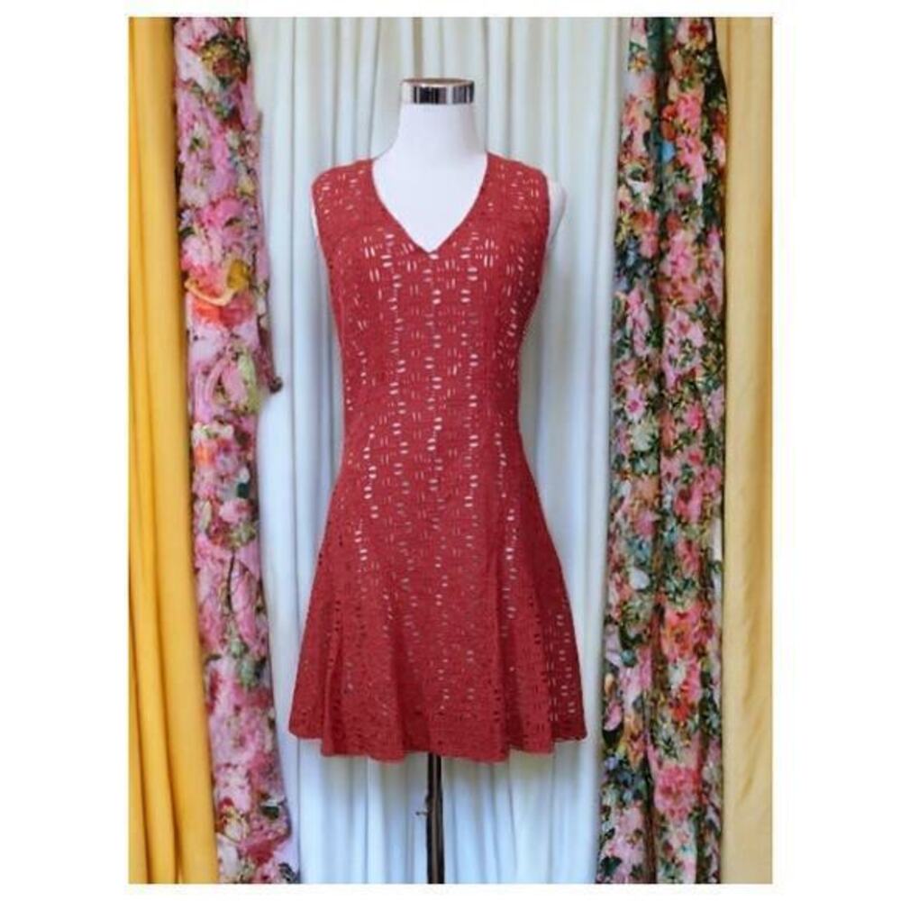 DEREK LAM Cotton Eyelet‎ Dress Size 6 Fit Flare Coral Orange V-Neck Sleeveless